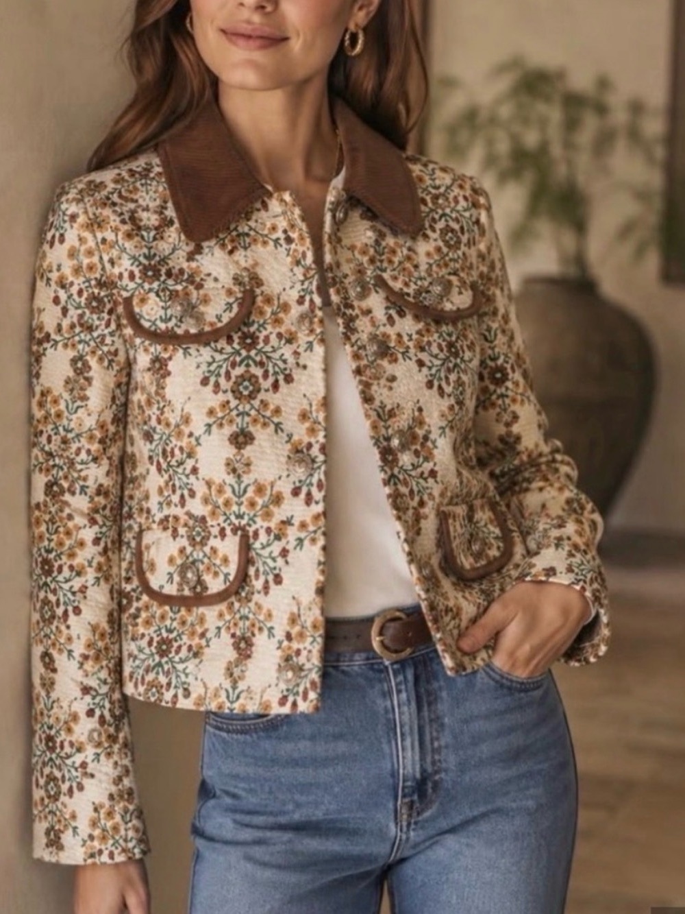 Avec Les Filles Floral Autumn Quilted Jacket in Cream, Brown, Green